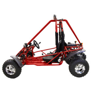 A red buggy with two seats and one steering wheel.