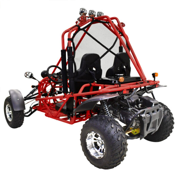 A red and black dune buggy with two seats.
