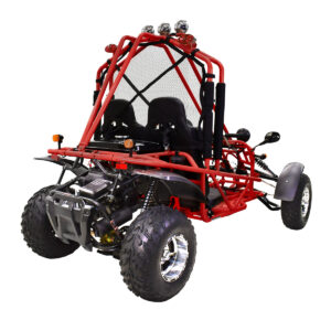 A red and black go kart with two seats