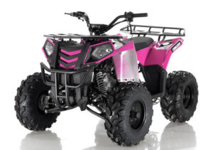 A pink and black atv is parked on the ground