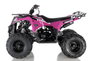 A pink and black atv is parked on the ground