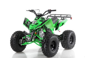 A green atv is parked on the ground