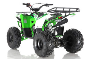 A green atv with black tires and a white background