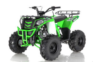A green and black atv is parked on the ground