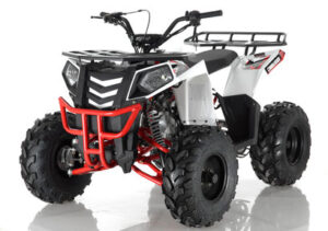 A white and black atv with red rims.