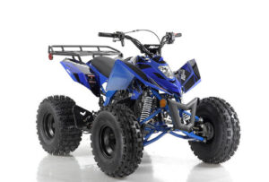 A blue and black atv is parked on the ground