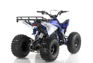 A blue and white atv is parked on the ground