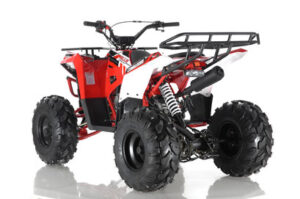 A red and black atv is on the ground