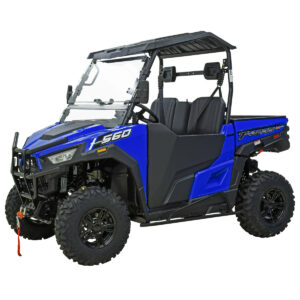A blue and black utility vehicle with a canopy.