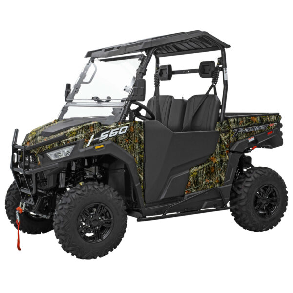 A green and black utility vehicle with camouflage.