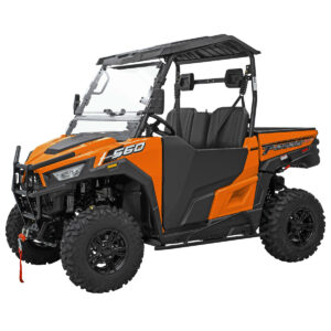 A orange and black utility vehicle with its doors open.