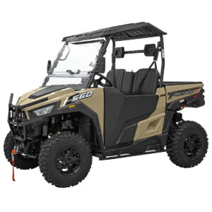 A tan and black utility vehicle with a door open.