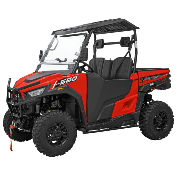 A red and black utility vehicle with a top half open.