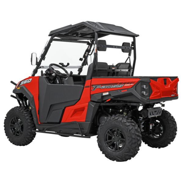 A red and black utility vehicle with a canopy.