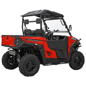 A red and black utility vehicle with a windshield.