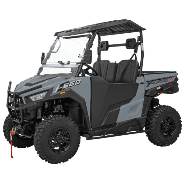 A gray utility vehicle with its doors open.