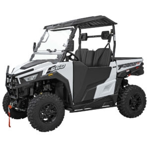 A white and black utility vehicle with a door open.