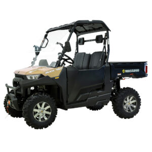A tan and black utility vehicle with a large open back.