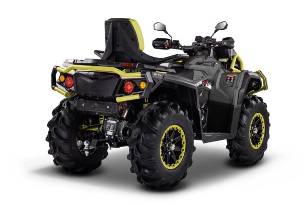 A black and yellow four wheeler with large tires.