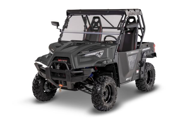 A black utility vehicle with a windshield and a seat.