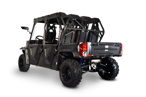 A black utility vehicle with four seats and a large bed.