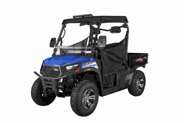A blue utility vehicle with a black cover.