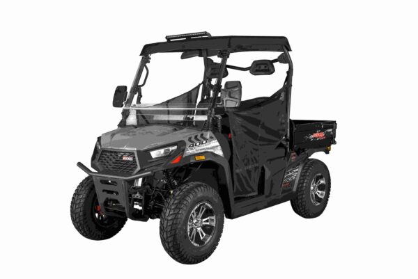 A black and silver utility vehicle with a canopy.