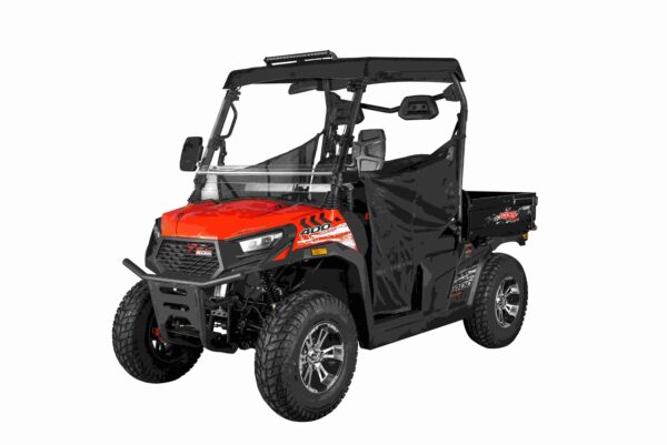 A red utility vehicle with a black cover.