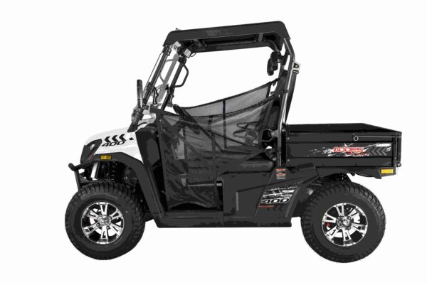 A black and white utility vehicle with a mesh back.