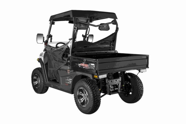 A black utility vehicle with a flat bed.
