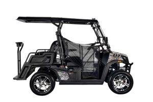 A black golf cart with a white background