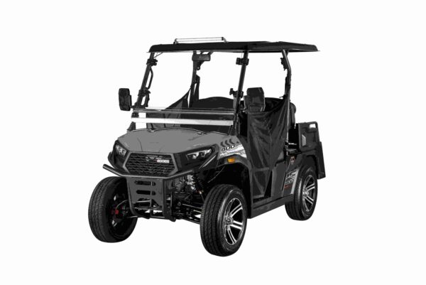 A black and silver utility vehicle with a top up.