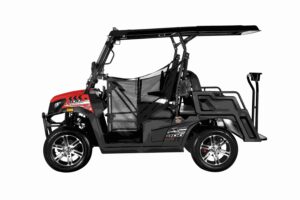 A black and red golf cart with a white background