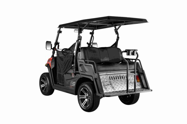 A golf cart with a black seat and back.