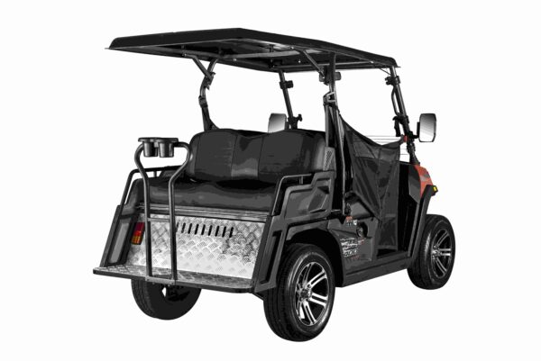 A black golf cart with two seats and a back seat.