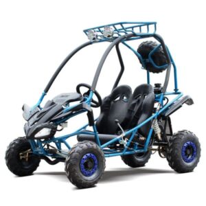 A blue and black go kart with a helmet on top.