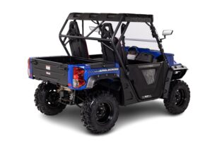 A blue and black utility vehicle with a windshield.