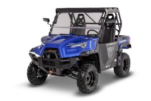 A blue utility vehicle with its doors open.