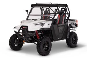 A white and black four wheeler with a windshield.