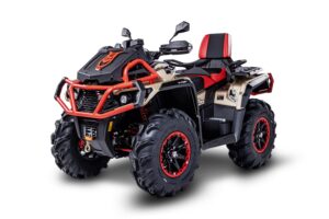 A red and black atv with big tires