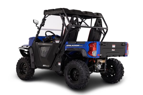 A blue and black utility vehicle with a large back rack.