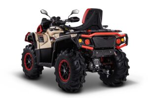 A four-wheeler with a red and black seat.