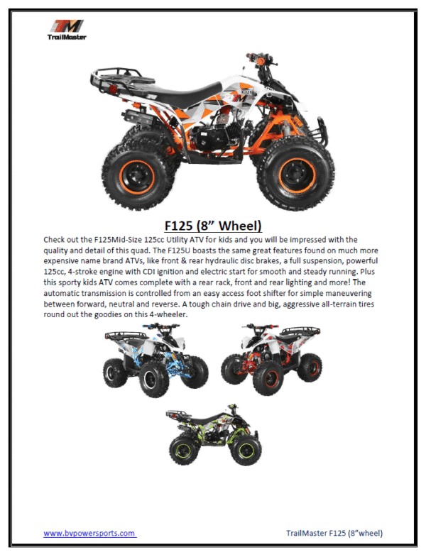 Trailmaster F125 Youth ATV, 125cc Air-Cooled Engine, Automatic with Reverse, 4-Stroke, Single Cylinder, electric start, Throttle Limiter - Image 7